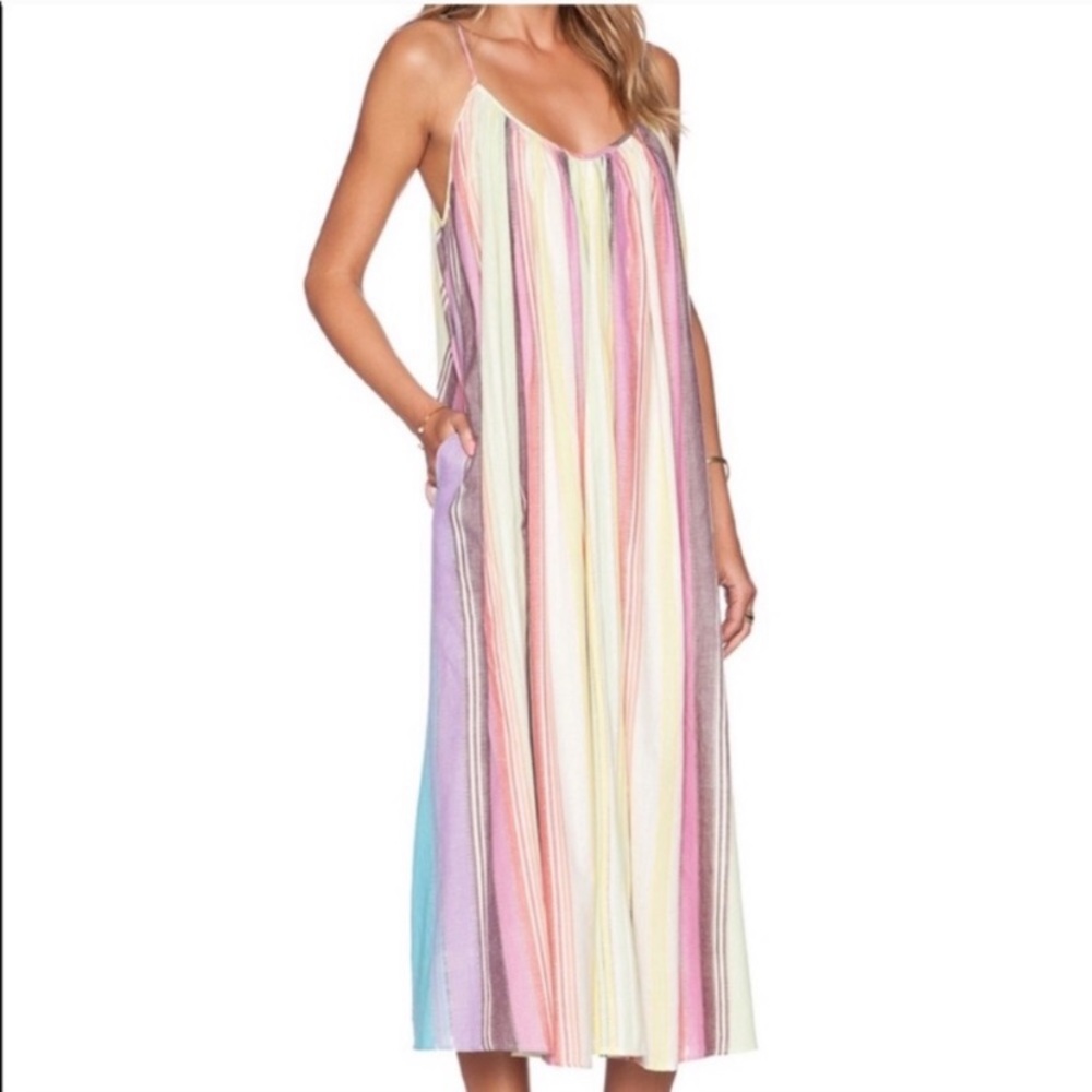 Mara Hoffman rainbow striped dress with adjustable spaghetti straps, M